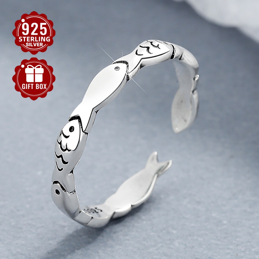 Women's 925 Pure Silver Small Fish Open Ring