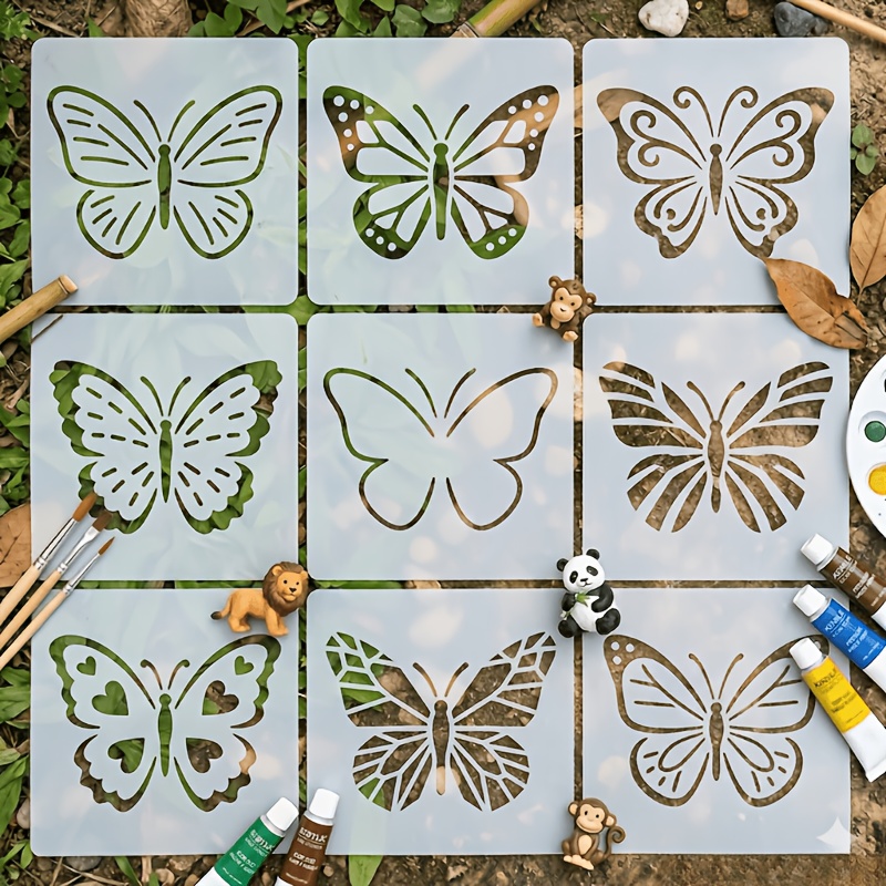 E-shop Ein Set aus 9 Schmetterlings-Mal-Schablonen, Holz-/Wand-PET-Hohl-Schablonen, einfache Schmetterling-Sprühmalwerkzeuge, wiederverwendbar