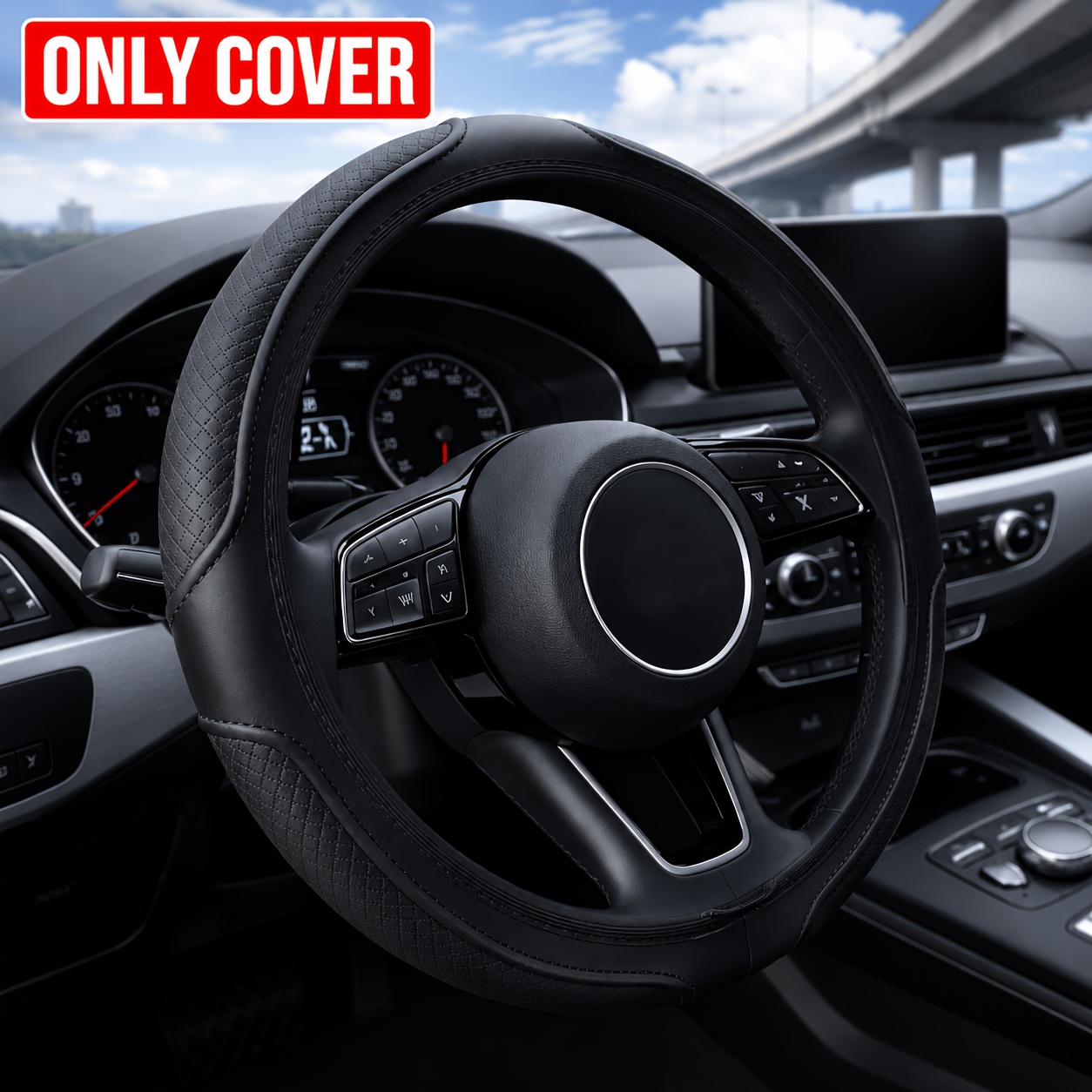 TEMU 1pc Embossed Faux Leather Steering Wheel Cover, 15 Inch Universal Anti-slip Durable Car Protector, Comfortable Grip, , Car Interior Upgrade (suitable For 10pcs Usage )