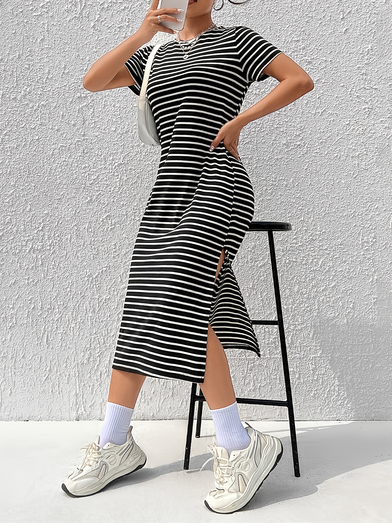 knee length dresses for ladies Crew Short Sleeve Slit Midi Dress L / Black