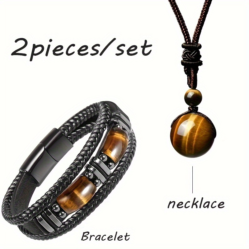 

2pcs Tiger's Eye Black Bracelet, Natural Tiger's Eye Pendant Jewelry Handmade