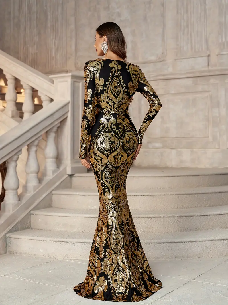 long sleeve fitted sequin dress Fitted Sequin Long Sleeve Slit Gown by Ladivine B8422