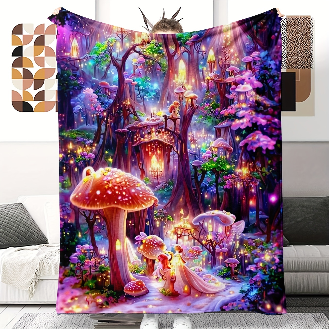 

Glam Style Fantasy Mushroom Castle Print Throw Blanket With Reversible Flower Patterned Design - Polyester Knit All-season Multipurpose Reversible Bedding With Unique Embellishment Features