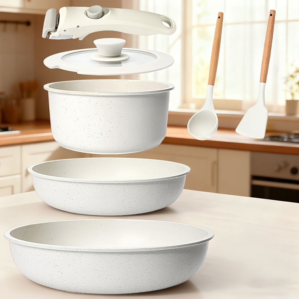 TEMU Juego de 7 piezas de utensilios de cocina color beige con mango y cuchara desmontables, tipo de estufas, diseñado para ser apilable, ideal para