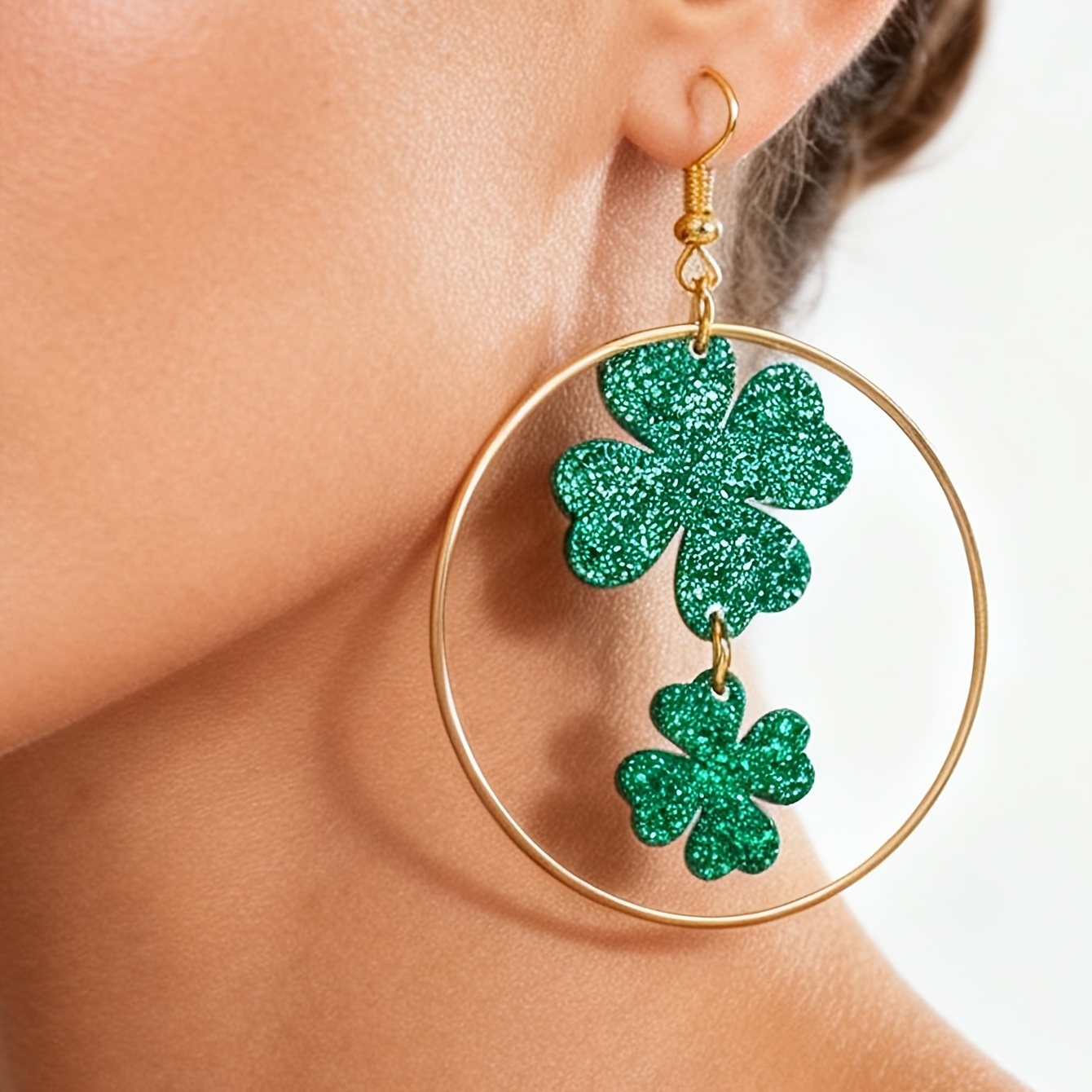 Fashionable Double-Layer Glitter Shamrock Pendant Earrings