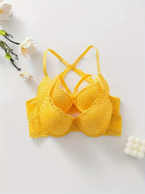 1pc Women's Yellow Lace Border Thickened Bra With Push Up & Side