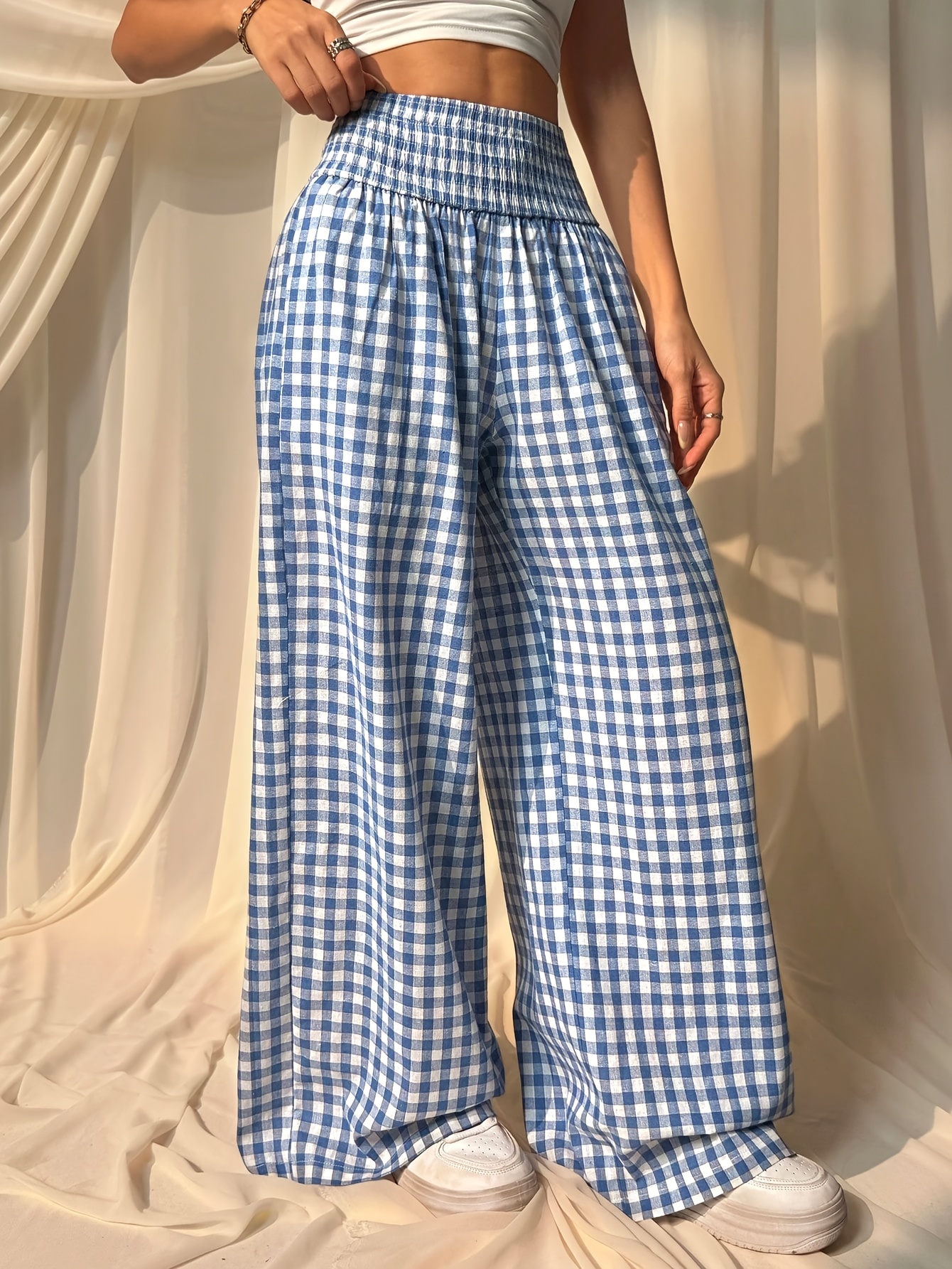 Womens Pants Loose Checkered Pants Summer Thin Plaid Pants Women