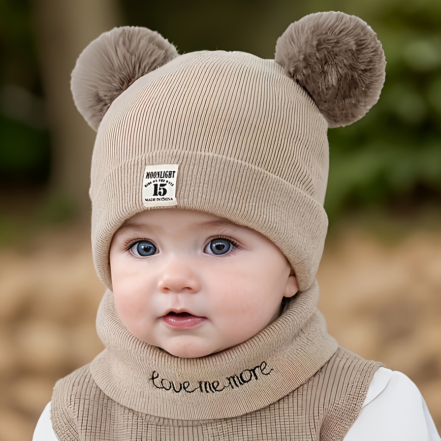 Image of 2pcs Cozy Knit Pom-pom Beanie Hats For - Soft, Stretchy & Hand Washable With Alphabet Design - Perfect For Fall/winter, Birthdays & Casual Wear, Ear Warmer Feature, Fits 0-3 Years