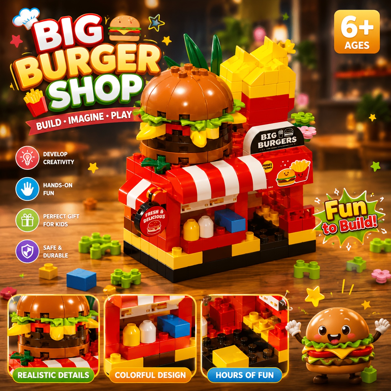 TEMU Mini Ensemble de Magasin de Blocs de Construction, Modèle de Magasin de Glaces, de Burgers et d'Animaux de Compagnie Créatif, Jouet de