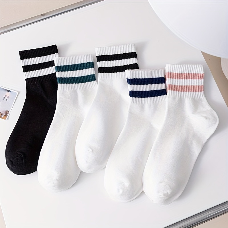 

5 Pairs Striped Crew Socks, Simple College Style Mid Tube Socks, Women's Stockings & Hosiery - For Fall