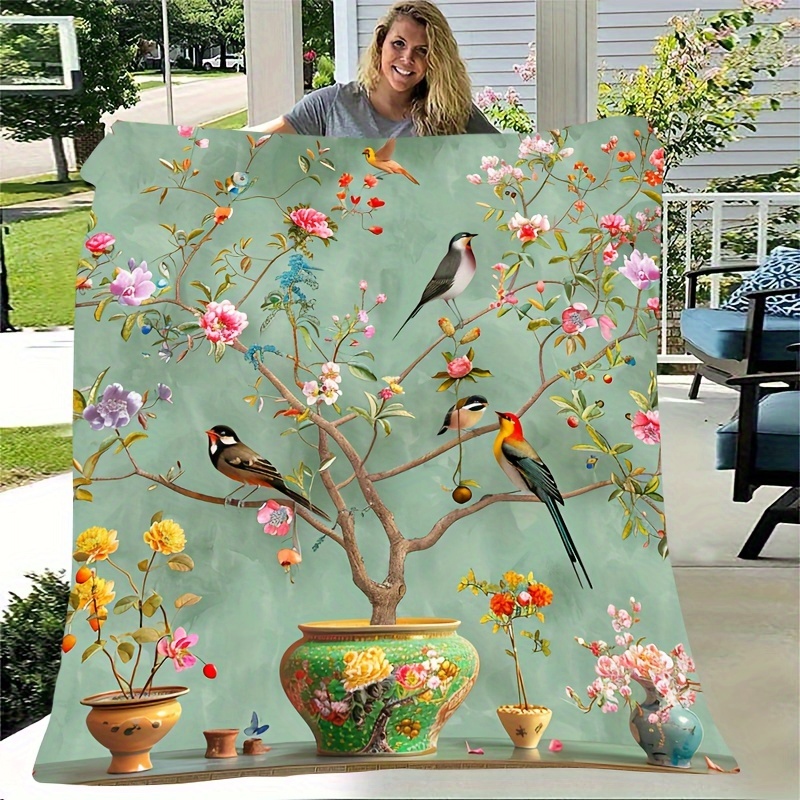 

1 Green Floral & Bird Print Fleece Blanket - Soft, Portable, , Machine Washable, Polyester .0% - Home Decor & Travel, Blanket