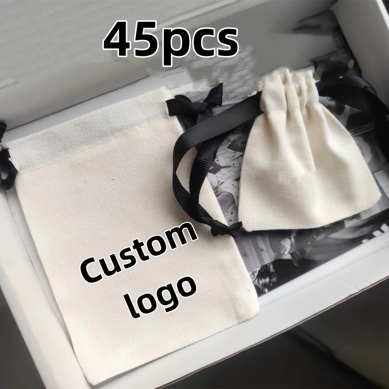 TEMU 25/45pcs Custom Black Wide Drawstring Dustproof Bags, Customizable With Brand Logo, Personalized Jewelry Pouch With Self- Logo/text - Elegant