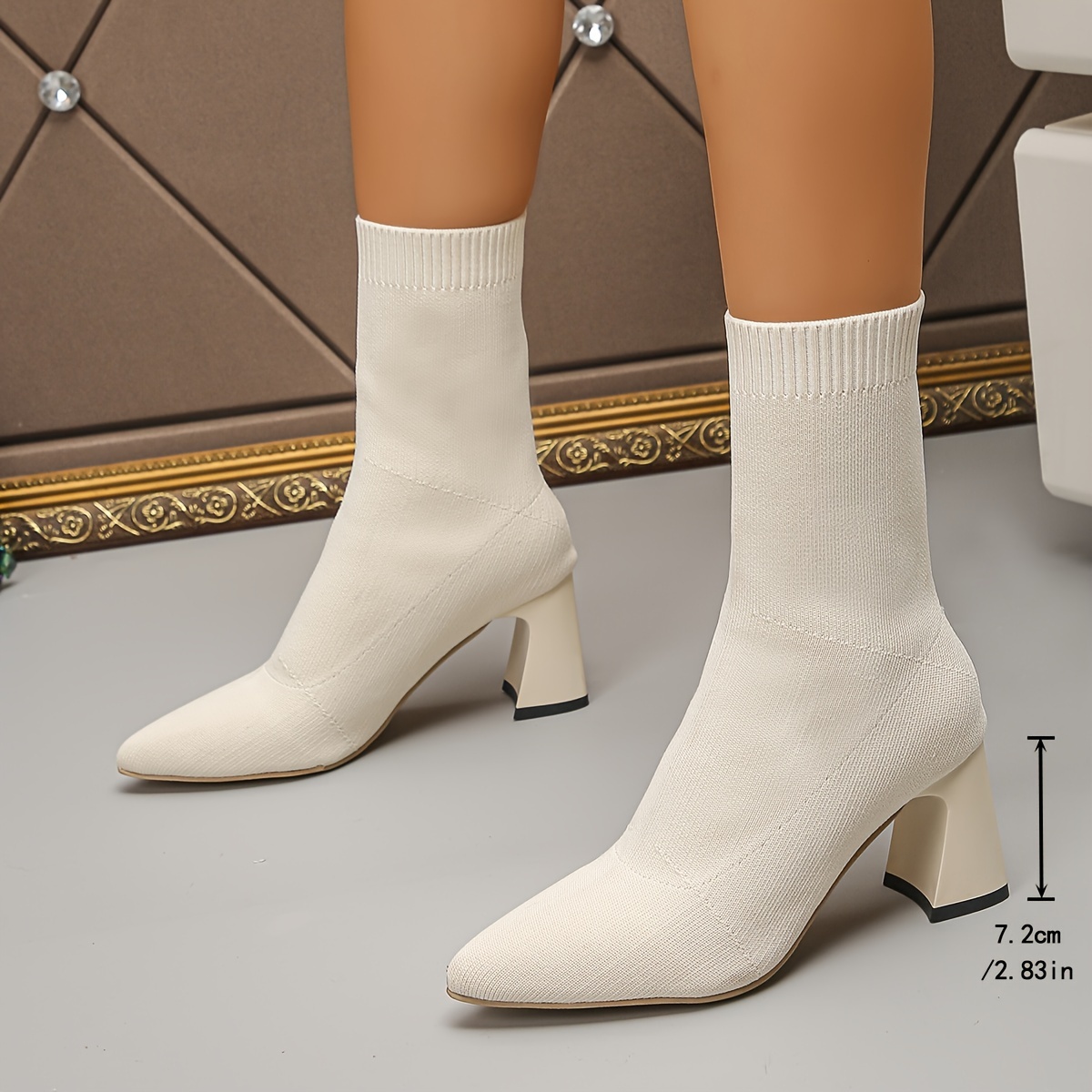 2024 womens chic ivory pointed toe block heel boots solid Temu