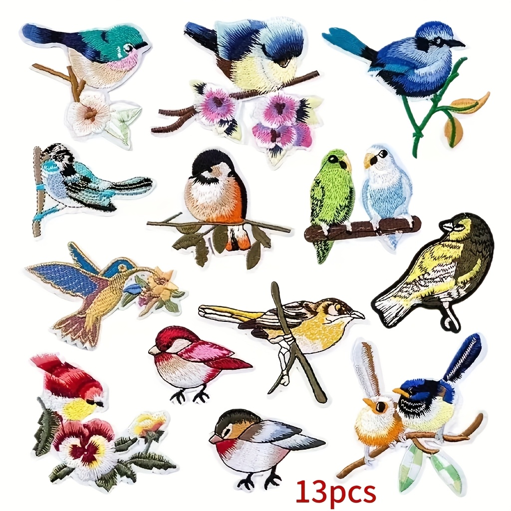 TEMU 13pcs Flower And Bird Style Magpie And Parrot Theme Set Embroidery Cloth Stickers Clothes, Shoes, Hats, Bags Ironing Or Sewing Decorative Cloth