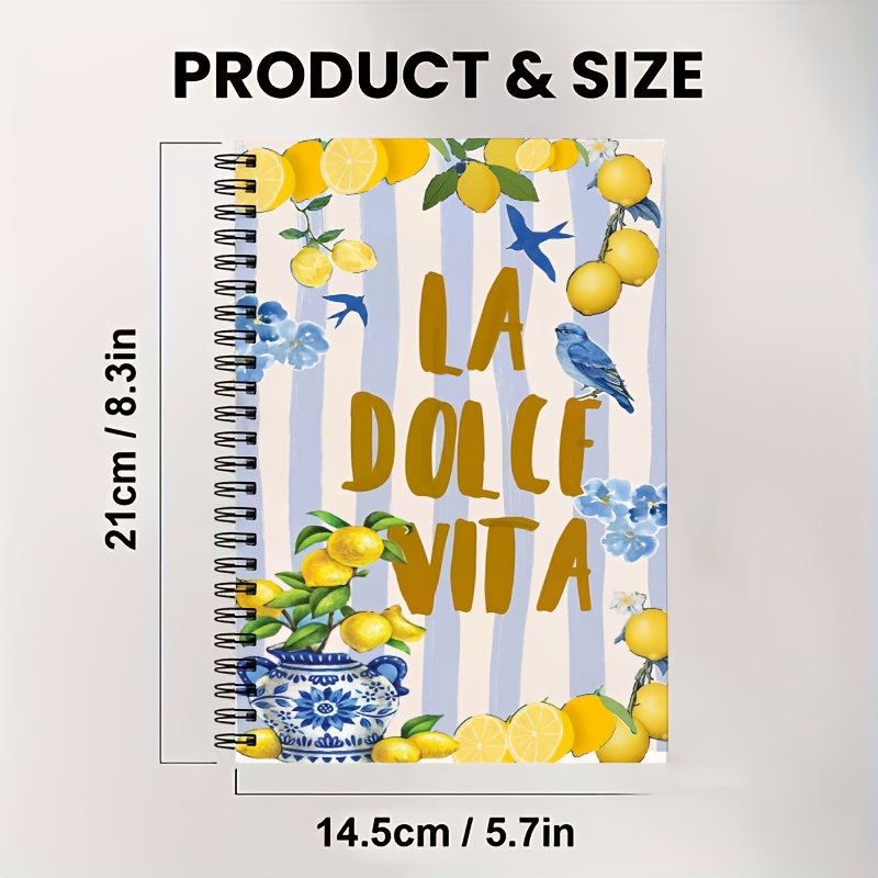 TEMU Carnet A5 1 pièce, motif plat 2D citron, fleur et oiseau, 14,5 cm x 21 cm, 50 feuilles (100 pages), spirale noire à 24 trous, cahier pour en