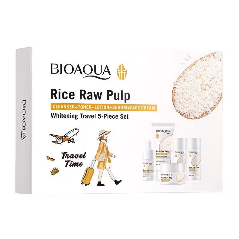 rice fermentation travel five piece gift set cleansing moisturizing skincare gift box cleansing milk toner lotion essence and cream portable skincare travel kit lightweight and easy to carry leaves light beige looking details 5