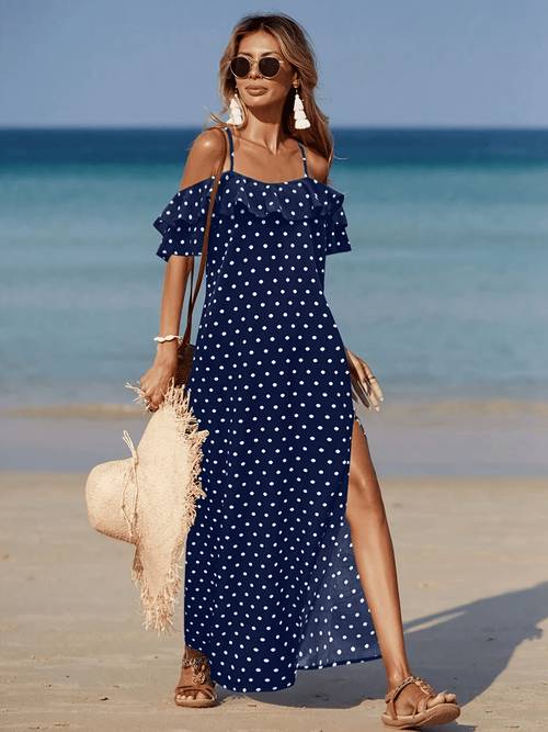 womens off shoulder polka dot beach dress lightweight dress with side slit semi sheer machine washable resort wear beach clothes