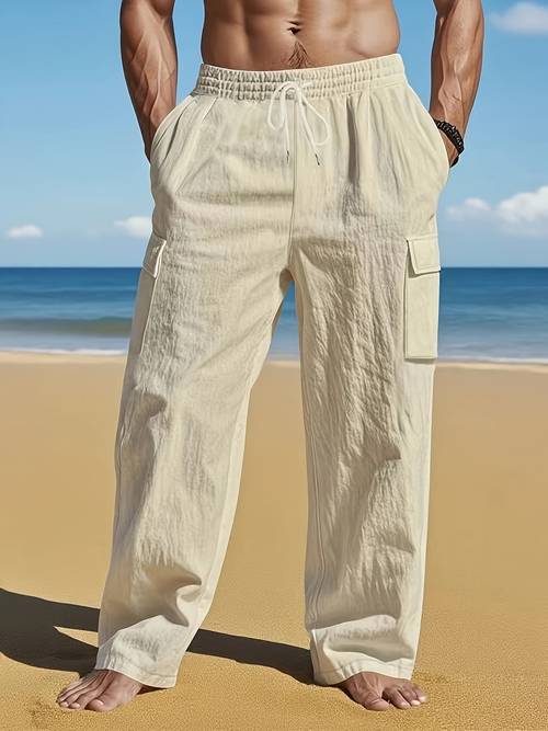 mens long pants summer autumn style cotton blend with drawstring elastic waist multi pocket casual sporty breathable trousers gift for men