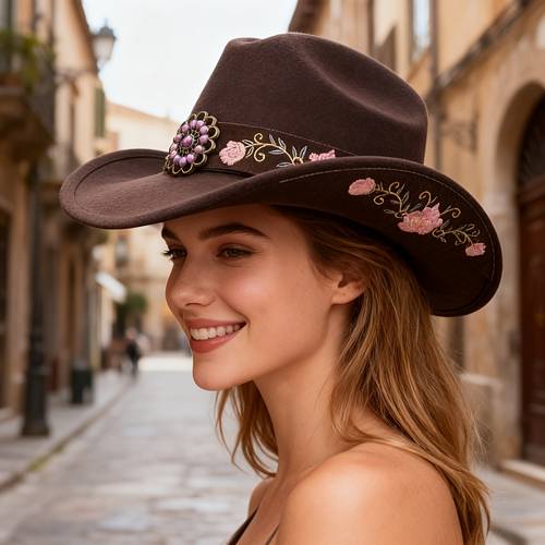 photo de l'article 1 pièce chapeau de cowboy en feutre pour femme avec écusson brodé de et ceinture turquoise - chapeau en feutre respirant adapté pour mariage, fête danniversaire, cadeau de western, fermeture non élastique pour pâques et occasions spéciales