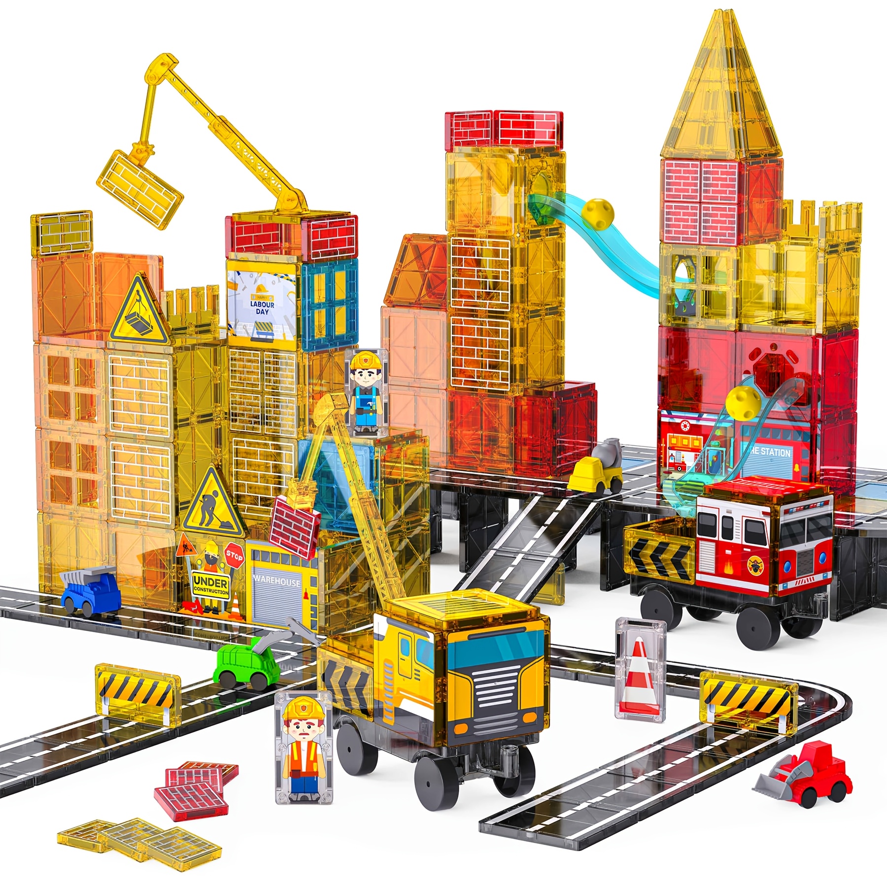 TEMU 51pcs Magnetic Road Construction Kit Featuring Crane And Vehicles: Stem Educational Building Blocks, Urban Development Toy Set - Ideal Holiday Present For Children Aged 3 And Above