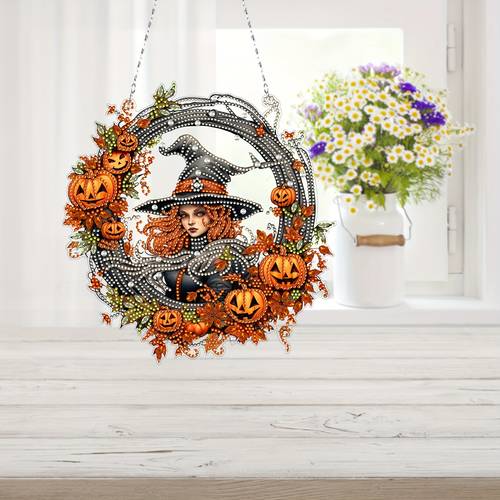 halloween witchs wreath diy diamond painting kit 9 41 x 9 76 dual sided acrylic craft set with unique shaped gems home decor wall art desktop ornament