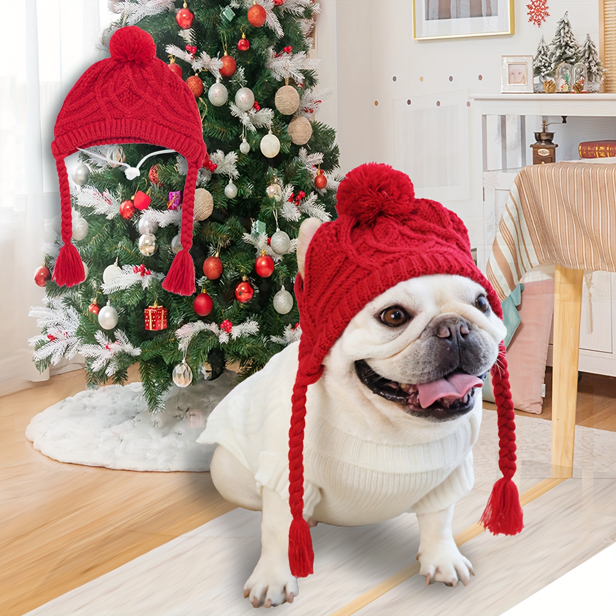 

Pet Cats And Dogs Winter Outdoor Warm Cable Woven Jacquard Knitted Christmas Hat For Stocking Stuffers