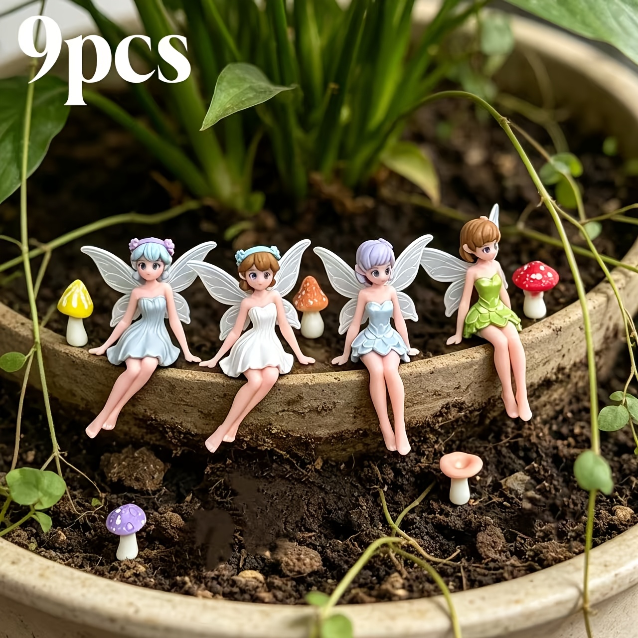 TEMU 9pcs, Dopamine Color Matching Fairy And Mushroom Resin Sculpture Ornament Set, Suitable For Office Desk, Bookshelf, Car Decoration, Miniature