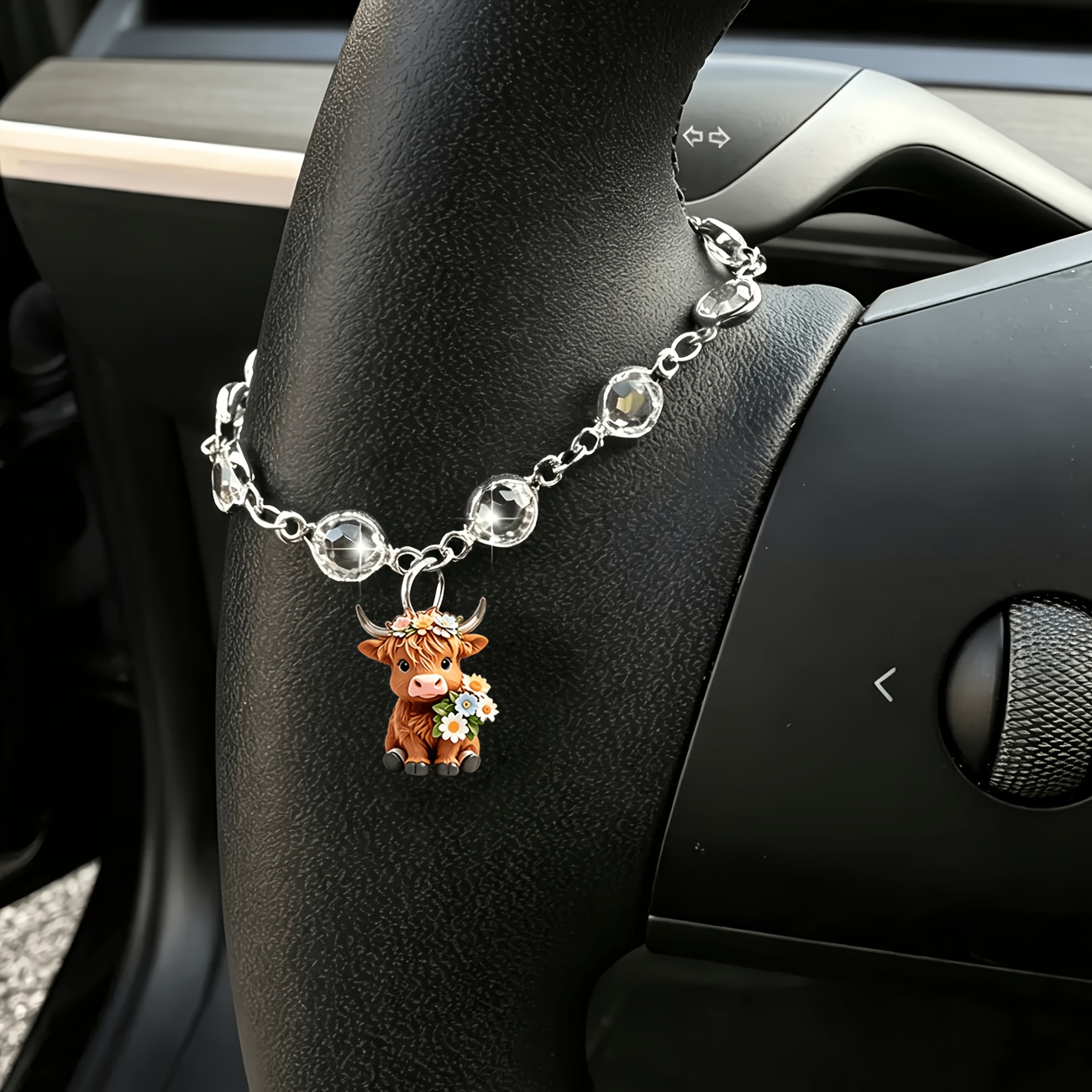TEMU 1 Floral Highland Cow Small Accessory Chain Pendant For Car Steering Wheel Decoration, Car Pendant, Fashionable, Exquisite And Elegant, Interior