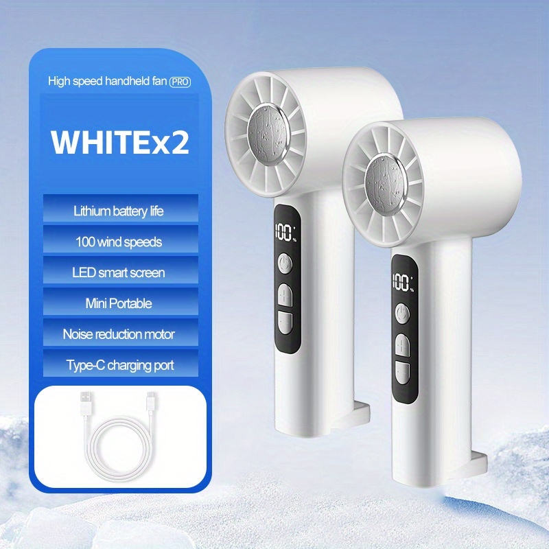 TEMU 2pcs Usb Rechargeable Handheld Fan Small Portable Desktop Fan Adjustable 1 To 100 Display Power Summer Camping Travel Outdoor Indoor Tools, Long