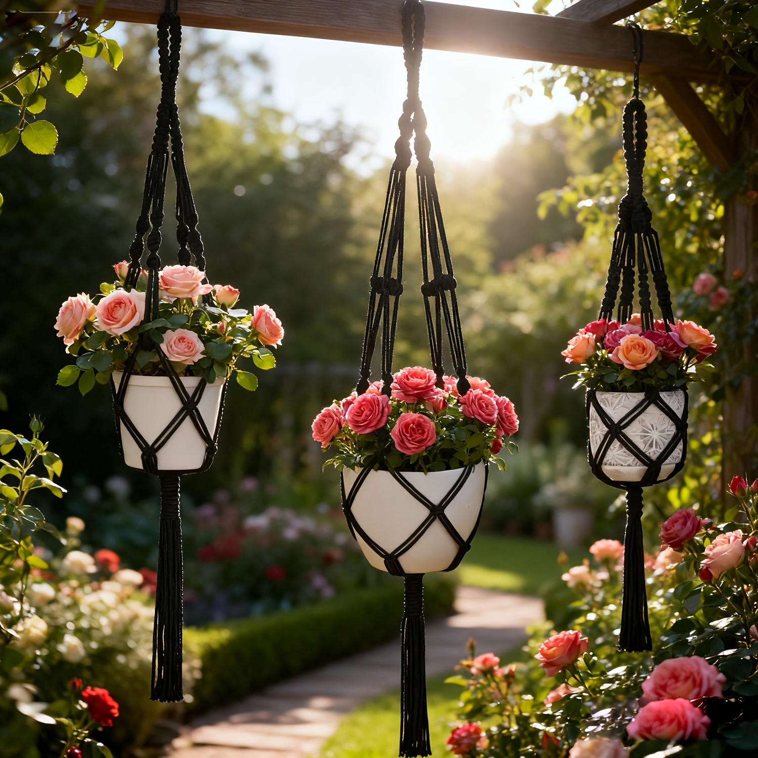 3 Pack Macrame Plant Hangers, Different Sizes Hanging Planters Indoor Basket Decorative Flower Pots Holder Stand Boho Home Decor, Black