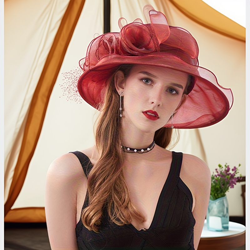 Elegant Red Women\'s Hat with Floral Accent Elegant Red Floral Statement Hat With Satin Blooms and Gem  main image 3