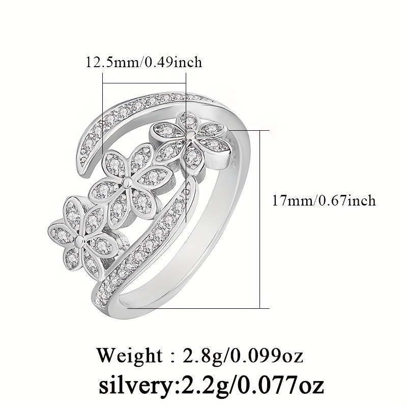 Adjustable 925 Silvery Women's Ring with Zirconia Inlay Flowers