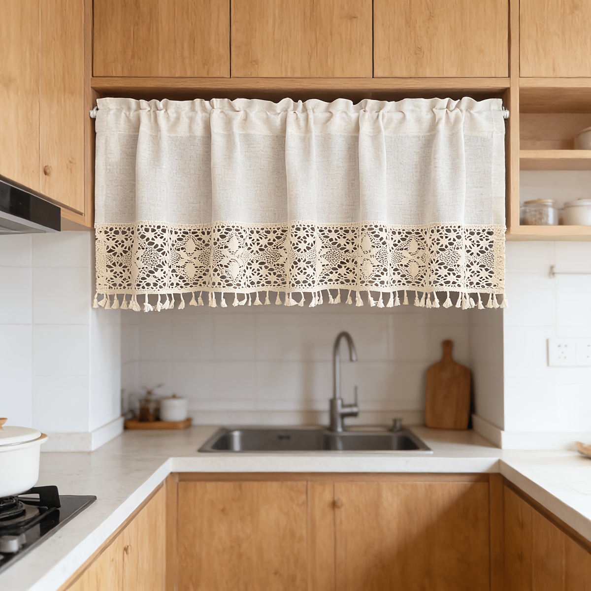 TEMU 1pc, Bohemian-style Beige Geometric Openwork Crochet Fringe Lace Coffee Curtain, Vintage Half-curtain, Suitable For Living Room, Kitchen,