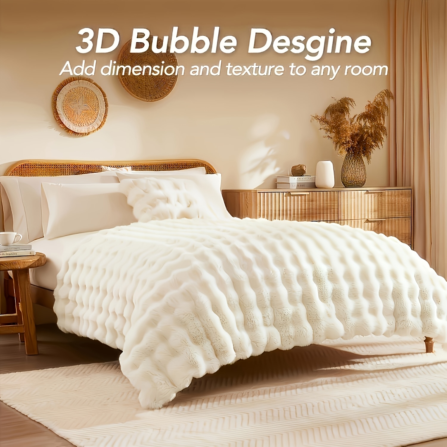 TEMU Rosekind Faux Rabbit Fur Blanket: 90" X 108" Luxury Soft Fluffy Thick Fur Throw Blanket For Couch Bed Sofa - Cozy Plush Bubble Blankets For All