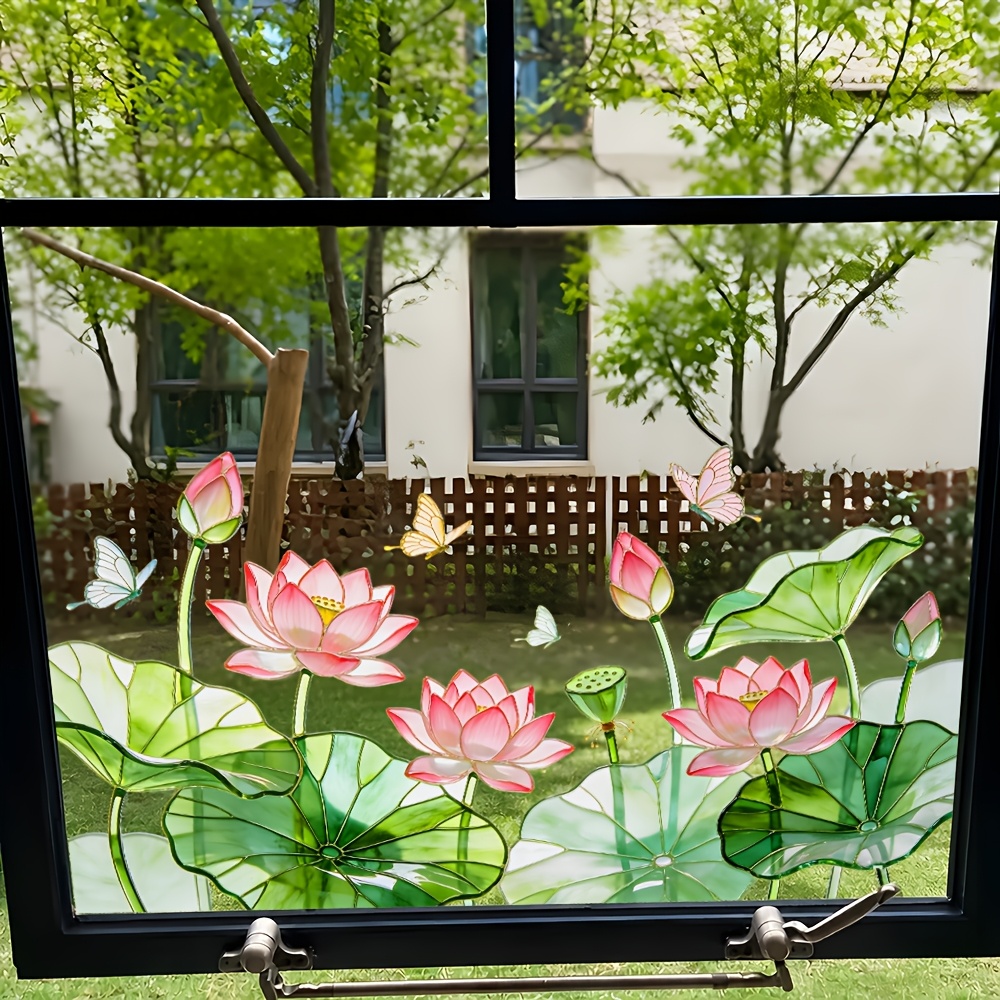 TEMU 1pc Faux Stained Glass Lotus Window Sticker, Pink Lotus Flower And Leaf Pattern, Living Room Balcony Window Glass Self-adhesive Decorative Mural