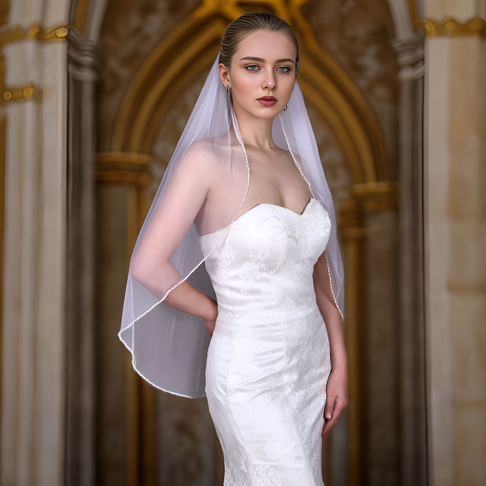 エレガントなフェイクパール装飾レースブライダルベールシングル  