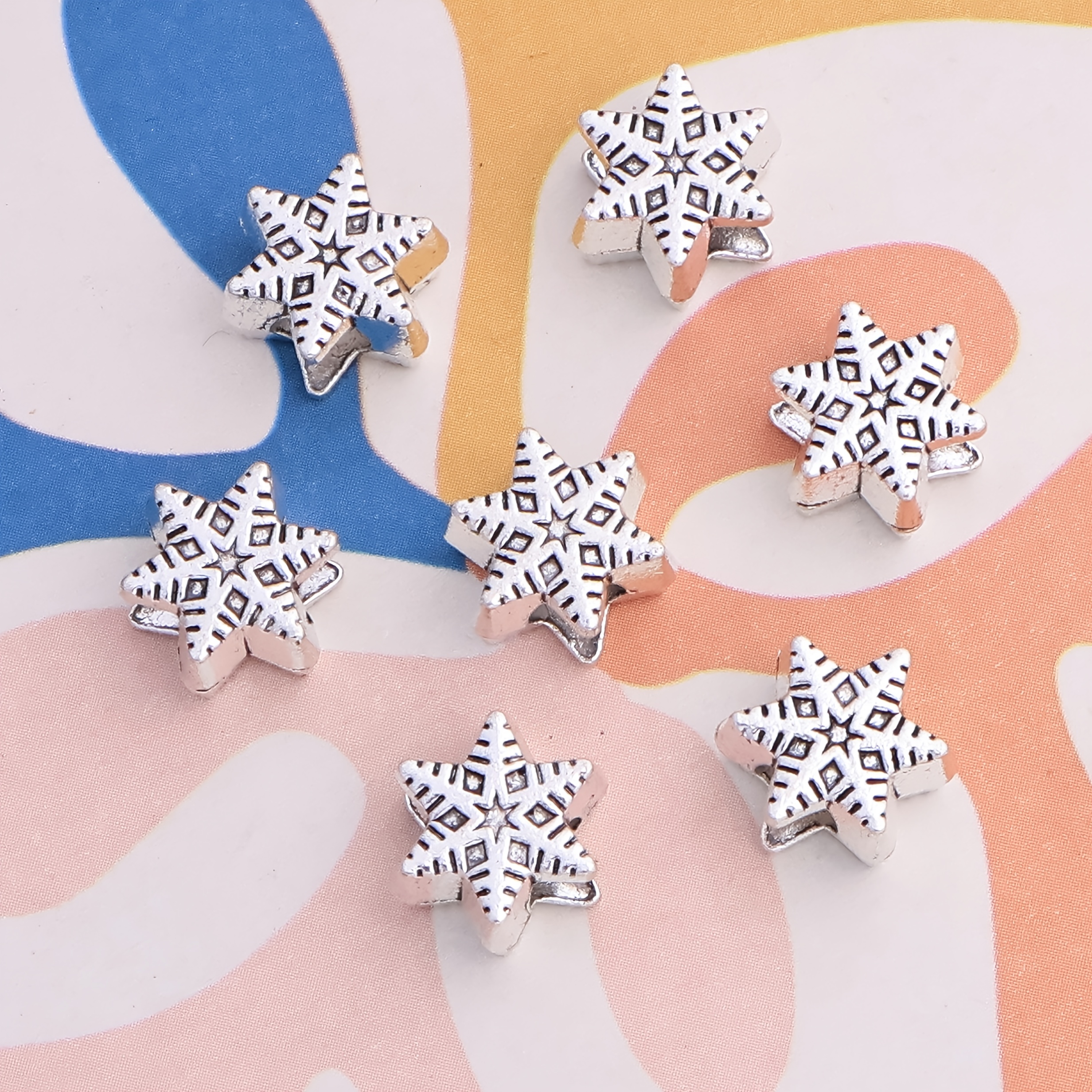 TEMU 20pcs Vintage Silvery Carved Snowflake Pattern Large-hole Spacer Beads, Alloy Decorative Beads, Christmas Jewelry Making Supplies, Handmade