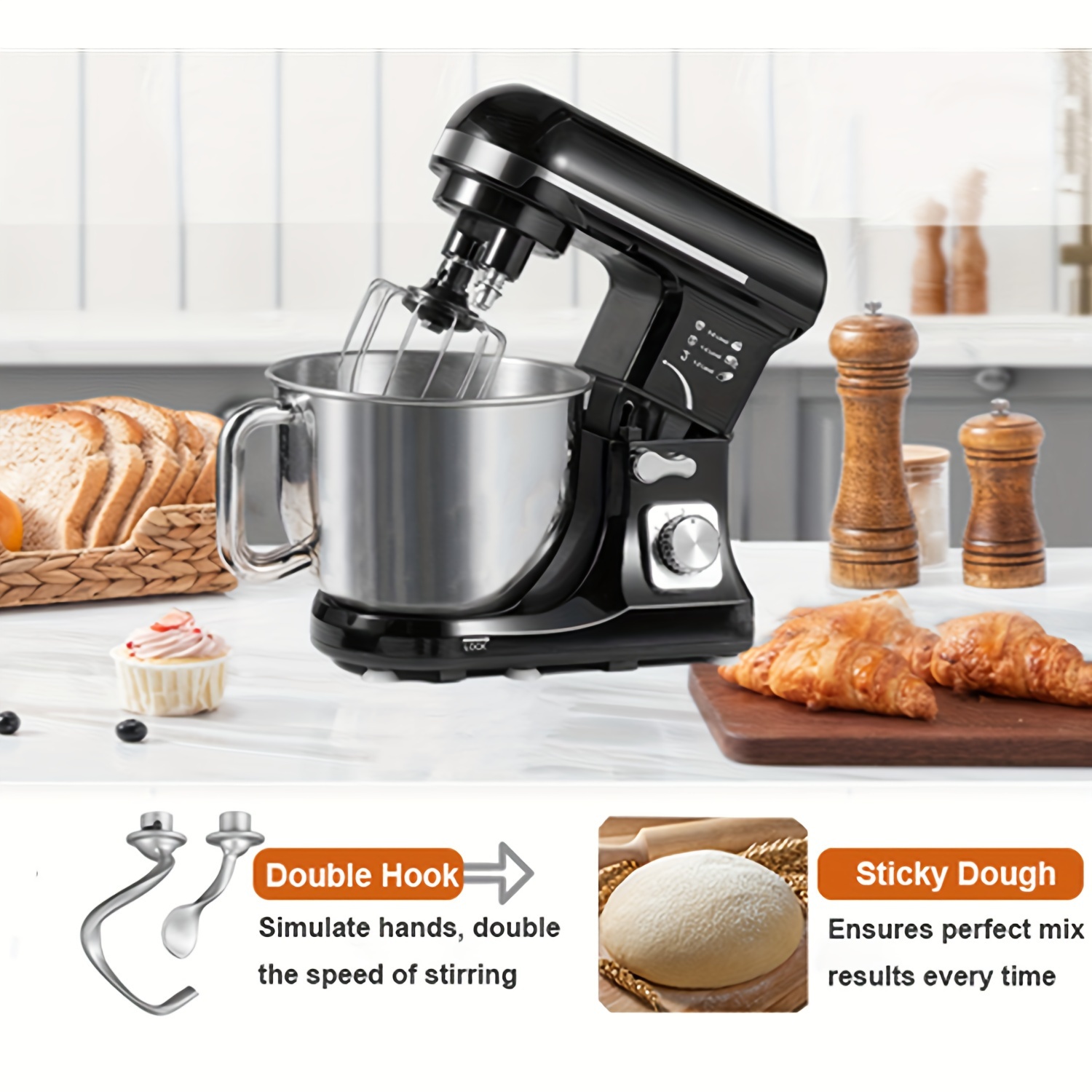 

Stand Mixer With Double Hook, 6 Speeds, 5.5qt Stainless Steel Bowl, Beater And Whisk Black