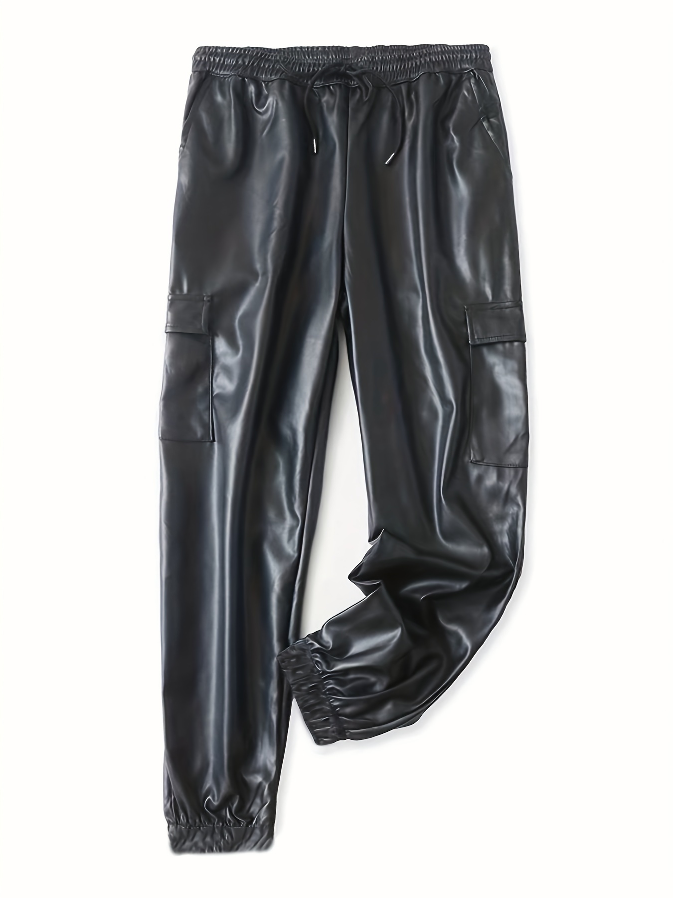 Men's Casual Pu Leather Pants Chic Flap Pocket Stretch Biker - Temu