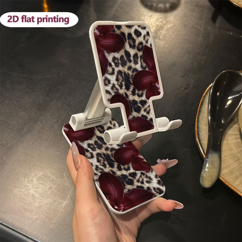 TEMU 2d Flat Leopard Bloom Pattern Foldable Phone Holder Portable Adjustable Extended Mobile Phone Holder Lift Telescopic Holder Suitable For Mobile