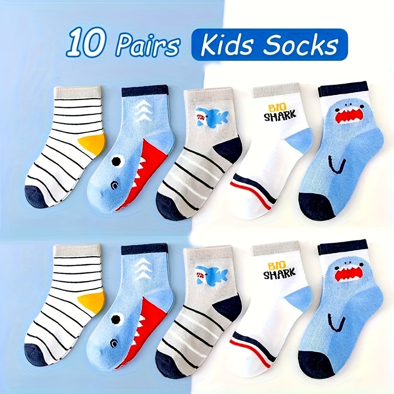 Image of 10-pair Boys' Socks, Breathable And Comfortable For Casual Wear, Featuring Cute Shark And Stripe Patterns. Hand Wash Only. Suitable For Outdoor And School Wear. For Children Aged 12 And Under