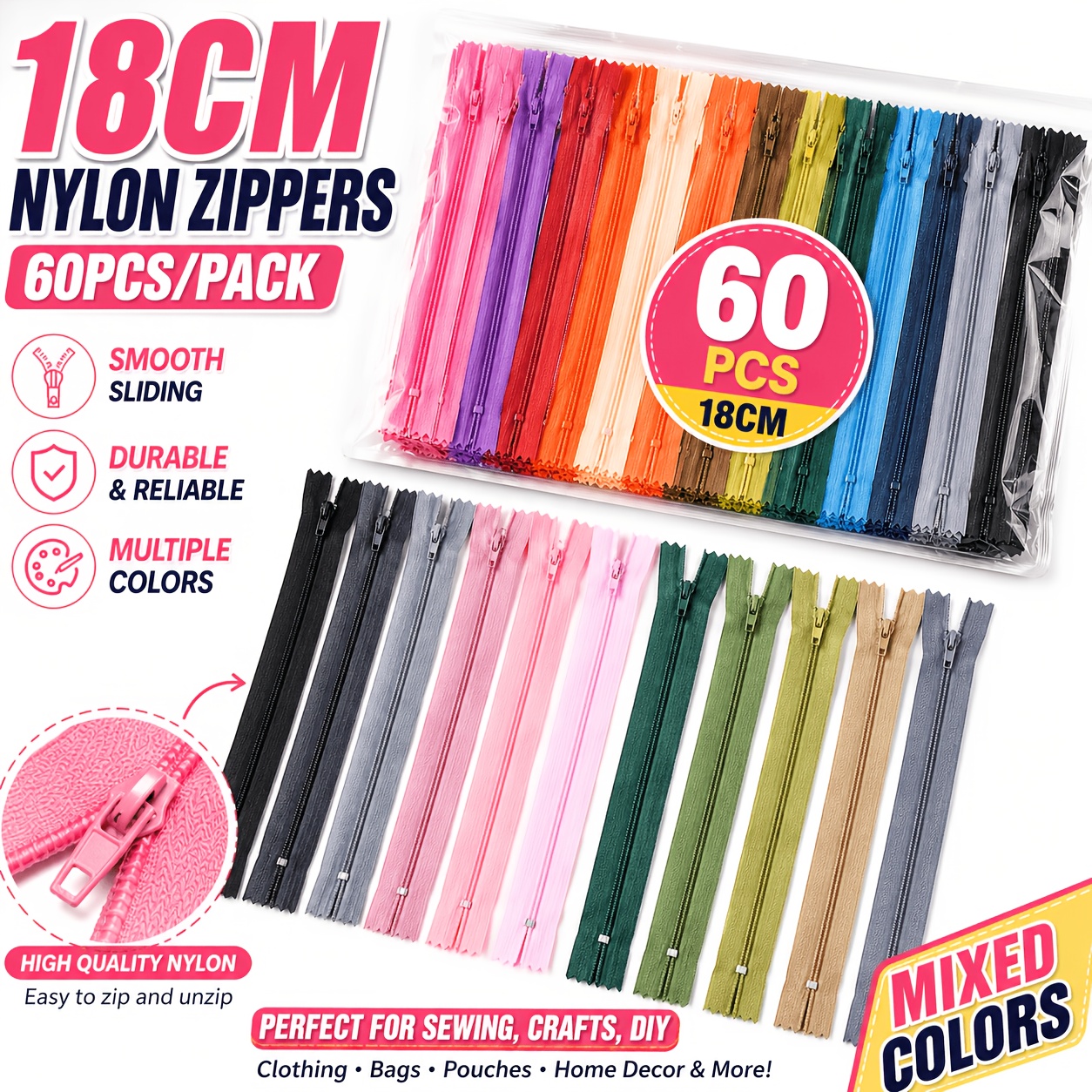 TEMU Fournitures de couture à , pack V de 60 pièces, fermeture éclair en nylon coloré de haute esthétique, robuste et lisse, blocage, couleurs