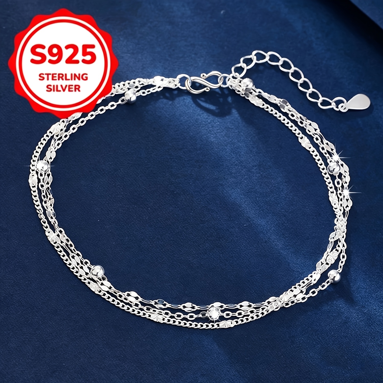 Image of 1pc/pc Women's Anklet Luxury Layered Chain S925 Silver Anklet 2.2g Sparkling 3 Different Chains Suitable For Daily Wear/summer Beach Party/celebration
