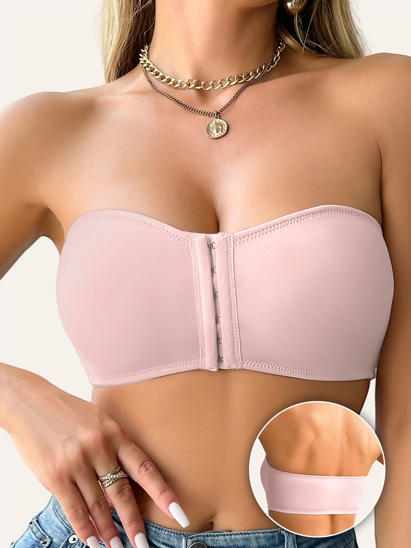 1pc Women's Seamless Bandeau Bra, Polyamide 90% Elastane 10%, Solid Color, Wireless, Front Closure, Removable Pads, Soft Breathable Comfort Fit, Anti-Slip - Spring/Summer Collection, Strapless Bra