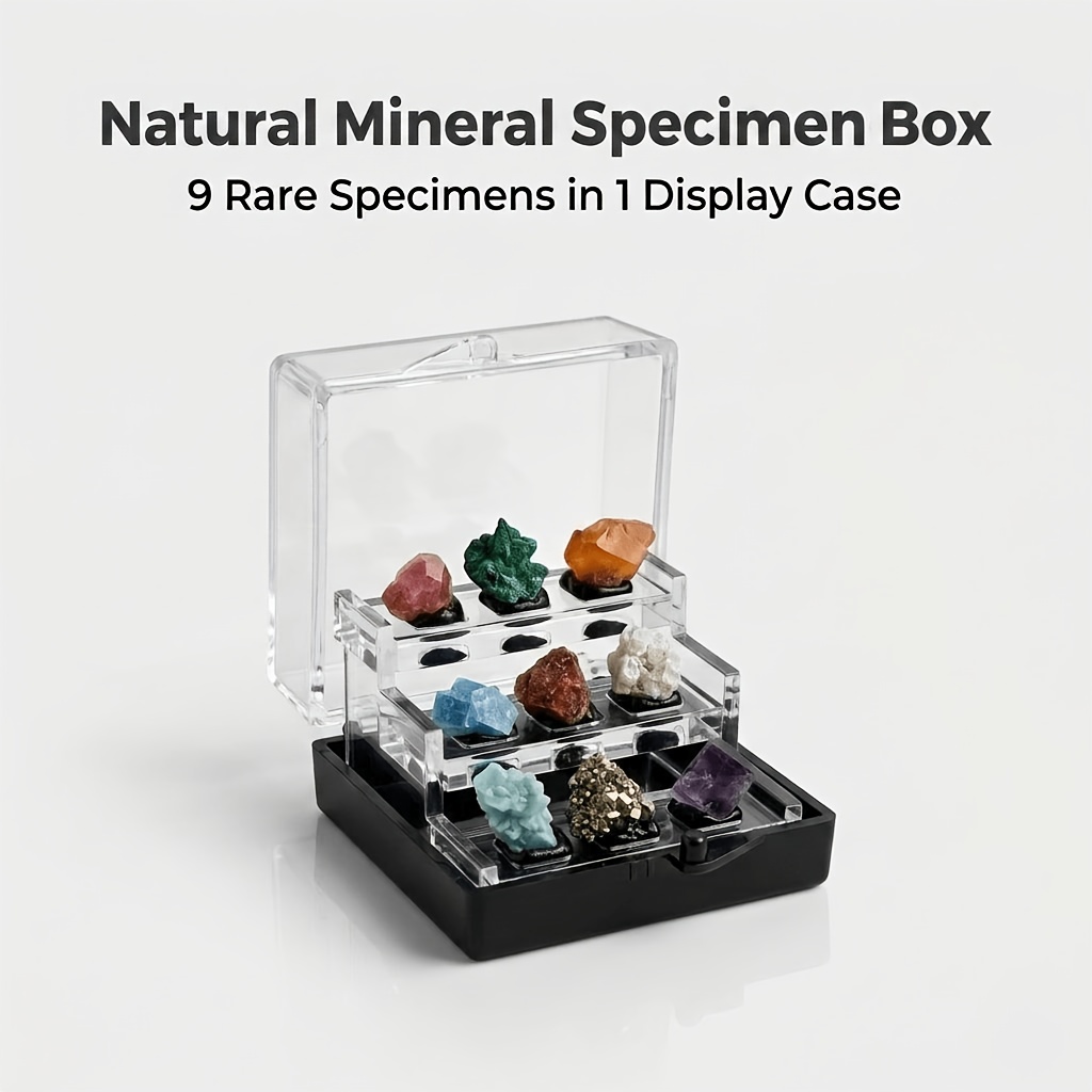TEMU Natural Mineral Specimen Box, Random 9 With Transparent Display Box, Colorful Mineral Stones, Exquisite Decorative Ornaments For Home Decor,
