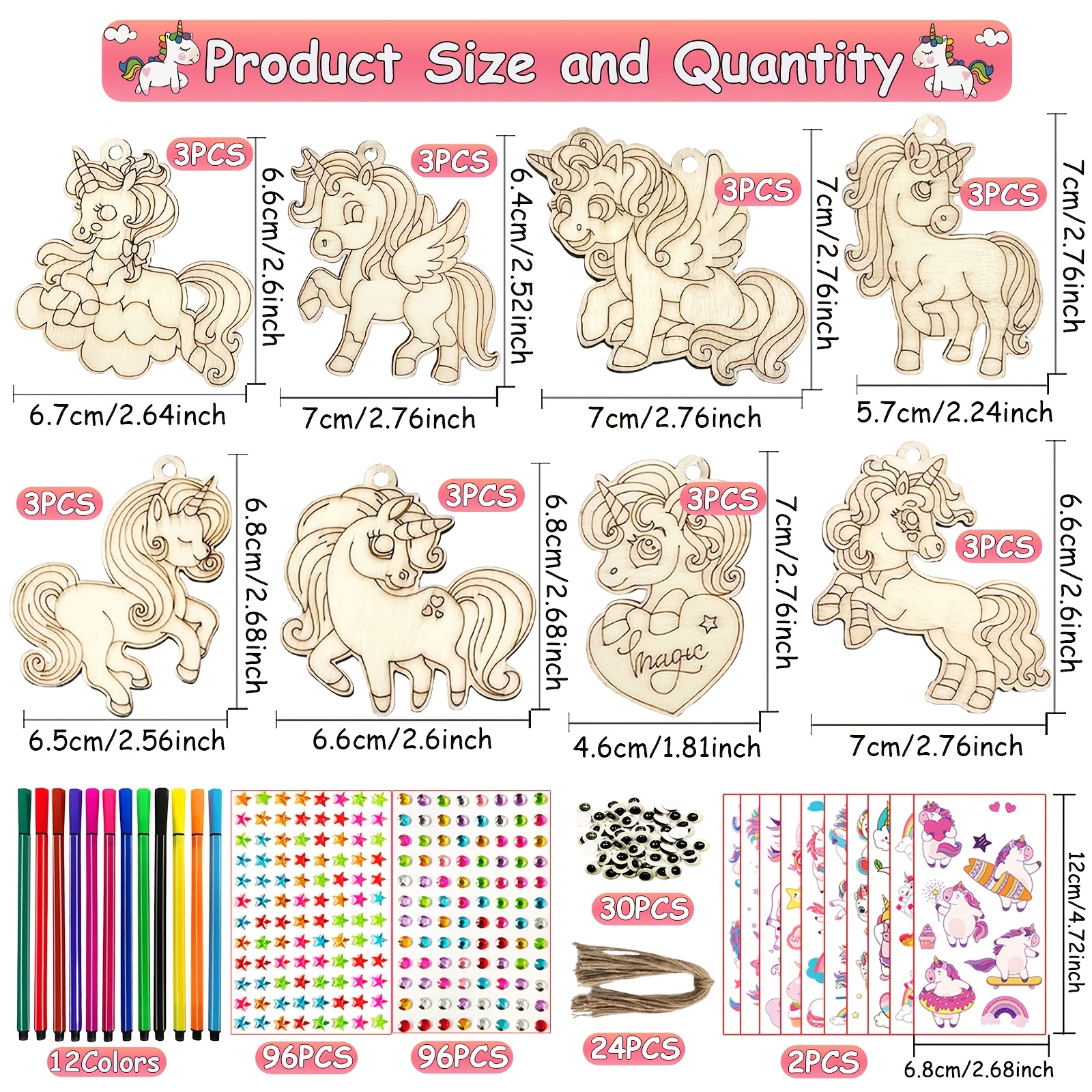 Image of 284pcs Unicorn Wood Craft Kit, Wooden Handicrafts, Unicorn Craft Set, Birthday Craft, With 24pcs Unicorn Wood Pieces, 192pcs Rhinestones, 12pcs Watercolor Pens, 2pcs Stickers, For Craft Making, Craft