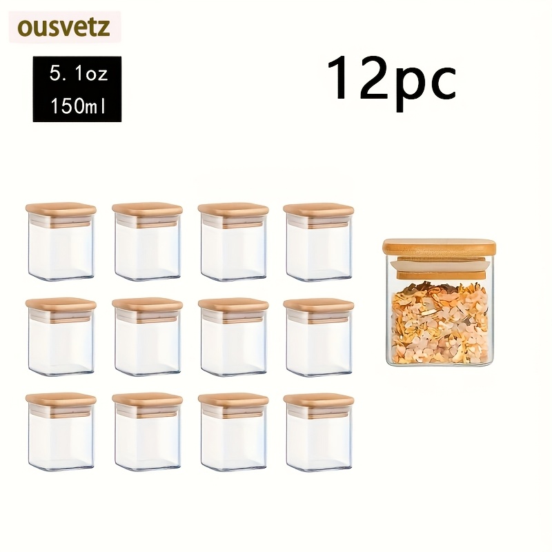 TEMU 12pcs Glass Food Storage Container Set With Bamboo Lids, Airtight Clear Pantry Jars, Stackable Kitchen Canisters For Spices, Herbs, Coffee, Tea,
