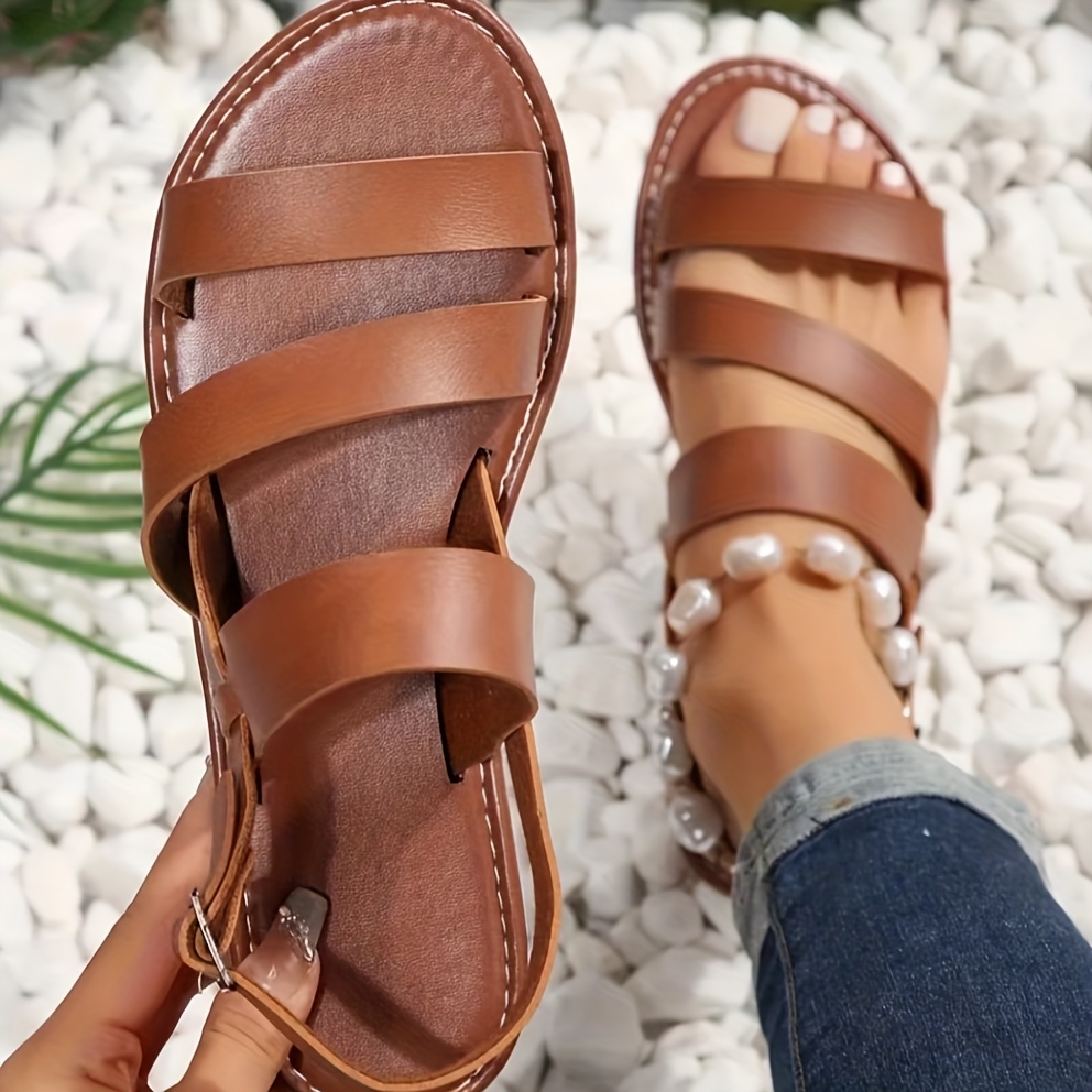 Women's Adjustable Crisscross Strap Flat Sandals - Open-Toe Summer Beach Shoes with Buckle Closure, Soft Faux Cover & TPR Sole, Black Casual Roman Sandals for Casual Attire, Strappy Sandals