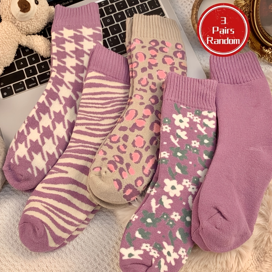 TEMU Mixed Color Random 3-pair Winter Thickened -lined Purple Series Women's Mid-calf Socks For Sleeping, , Autumn And Winter