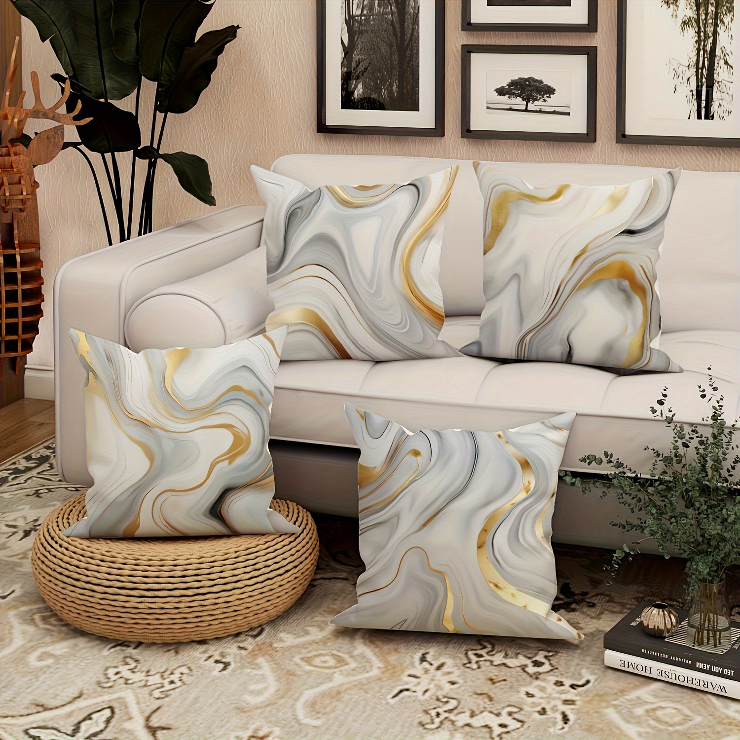 

Contemporary Style 4-piece Abstract Marble Gray And Golden Throw Pillow Covers - Machine Washable, Geometric Pattern, Zipper Closure, Suitable For Living Room, Sofa, And Office Decor